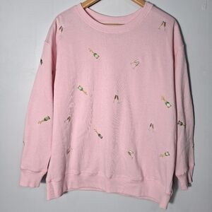 Joei & I Women's Sweater Top Pink Embroidered Party Drinks Long Sleeve Plus 1X